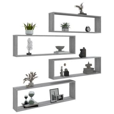 vidaXL Ραφιέρες Τοίχου Κύβος 4 τεμ. Γκρι Sonoma 100x15x30cm Επεξ. Ξύλο