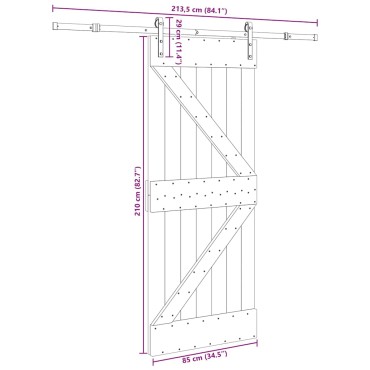 vidaXL Συρόμενη Μεσόπορτα με Μηχανισμό 85 x 210 εκ. Μασίφ Ξύλο Πεύκου