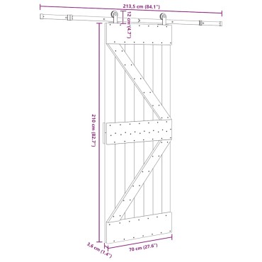 vidaXL Συρόμενη Μεσόπορτα με Μηχανισμό 70 x 210 εκ. Μασίφ Ξύλο Πεύκου