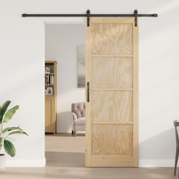 vidaXL Συρόμενη Πόρτα με Σετ Εξαρτημάτων 83x232 εκ. Συμπαγές Ξύλο Πεύκου