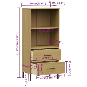 vidaXL Βιβλιοθήκη OSLO με 2 Συρτάρια Καφέ 60x35x128,5cm Μασίφ Ξύλο 1 τεμ.