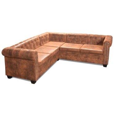 vidaXL Καναπές Γωνιακός Πενταθέσιος Chesterfield Καφέ Συνθετικό Δέρμα 205x205x73cm 1 τεμ.