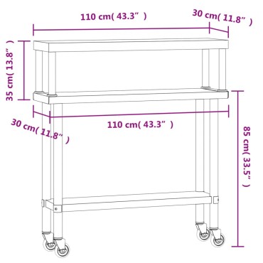 vidaXL Πάγκος Εργασίας Κουζίνας με Ράφι 110x30x120 εκ. Ανοξείδ. Ατσάλι