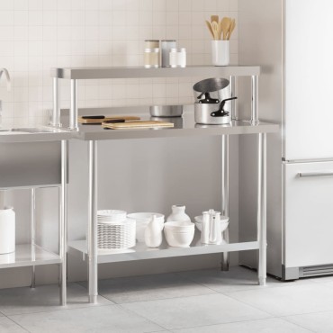 vidaXL Πάγκος Εργασίας Κουζίνας με Ράφι 110x55x120 εκ. Ανοξείδ. Ατσάλι