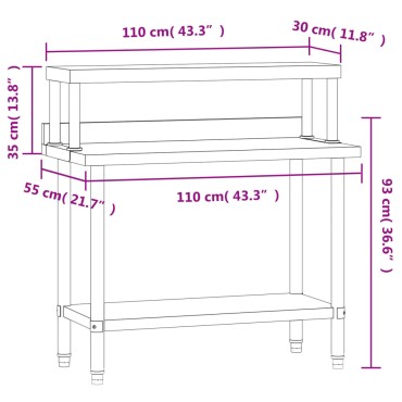 vidaXL Πάγκος Εργασίας Κουζίνας με Ράφι 110x55x120 εκ. Ανοξείδ. Ατσάλι