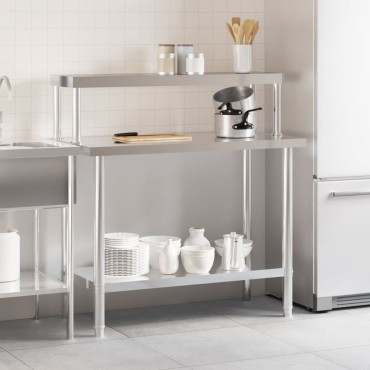 vidaXL Πάγκος Εργασίας Κουζίνας με Ράφι 110x55x120 εκ. Ανοξείδ. Ατσάλι