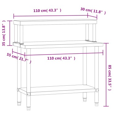 vidaXL Πάγκος Εργασίας Κουζίνας με Ράφι 110x55x120 εκ. Ανοξείδ. Ατσάλι