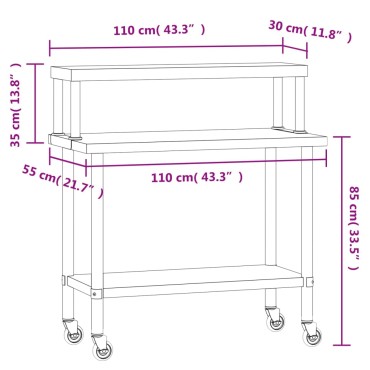 vidaXL Πάγκος Εργασίας Κουζίνας με Ράφι 110x55x120 εκ. Ανοξείδ. Ατσάλι