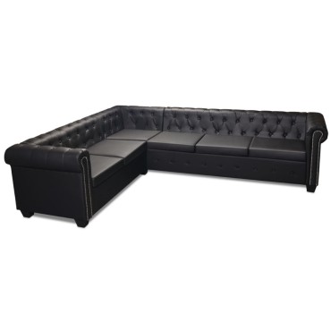 vidaXL Καναπές Γωνιακός Εξαθέσιος Chesterfield Μαύρος Συνθετικό Δέρμα 260x205x73cm 1 τεμ.