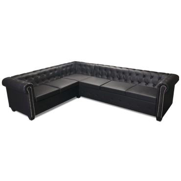 vidaXL Καναπές Γωνιακός Εξαθέσιος Chesterfield Μαύρος Συνθετικό Δέρμα 260x205x73cm 1 τεμ.