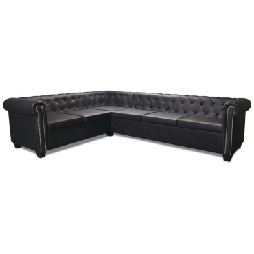 vidaXL Καναπές Γωνιακός Εξαθέσιος Chesterfield Μαύρος Συνθετικό Δέρμα 260x205x73cm 1 τεμ.