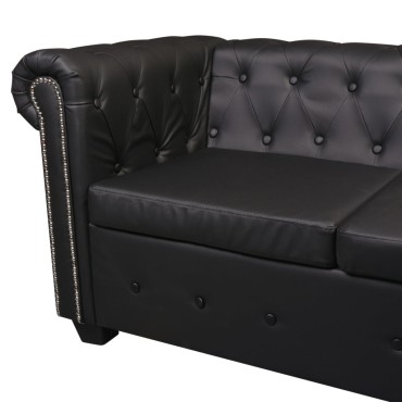 vidaXL Καναπές Γωνιακός Εξαθέσιος Chesterfield Μαύρος Συνθετικό Δέρμα 260x205x73cm 1 τεμ.