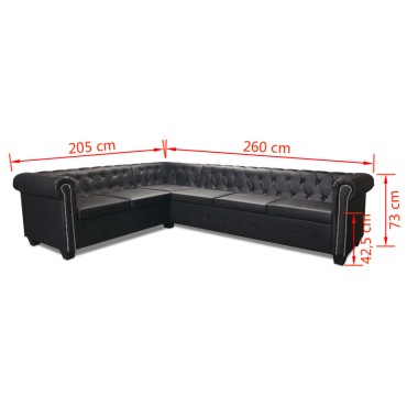 vidaXL Καναπές Γωνιακός Εξαθέσιος Chesterfield Μαύρος Συνθετικό Δέρμα 260x205x73cm 1 τεμ.