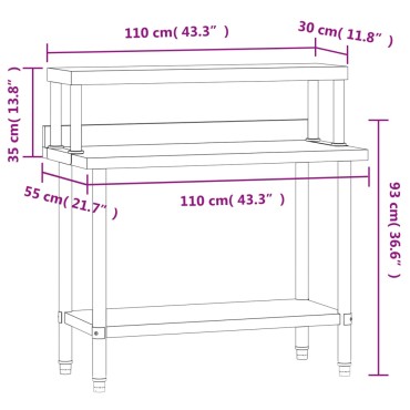vidaXL Πάγκος Εργασίας Κουζίνας με Ράφι 110x55x120 εκ. Ανοξείδ. Ατσάλι
