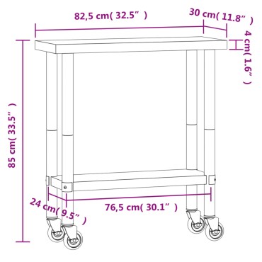 vidaXL Πάγκος Εργασίας Κουζίνας με Ροδάκια 82,5x30x85 εκ. Ανοξ. Ατσάλι