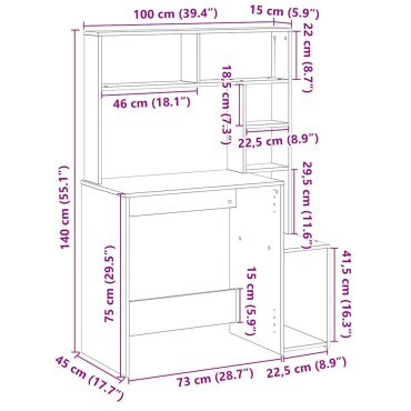 vidaXL Γραφείο με Ράφια Γκρι Σκυροδέματος 100x45x140cm Επεξεργ. Ξύλο 1 τεμ.