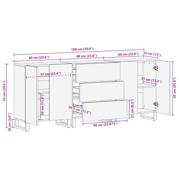 vidaXL Σετ Μπουφέδων 3 τεμ. Λευκό 180x33x75cm Στερεό ξύλο μάνγκο