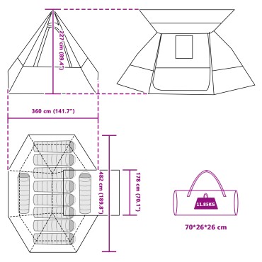 vidaXL Σκηνή Camping 10 ατόμων Πράσινο ταφτάς Αδιάβροχο