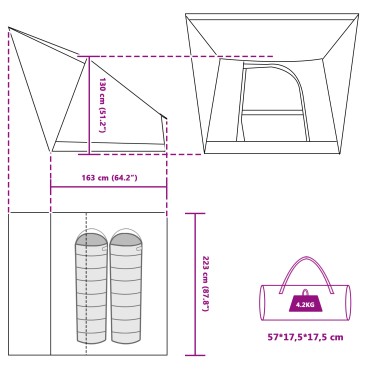 vidaXL Σκηνή Camping με στέγη Μπλε 223 x 163 x 130 εκ ταφτάς