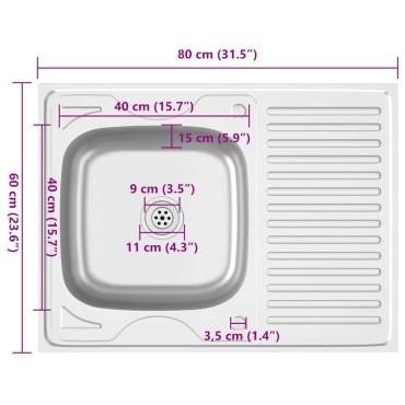vidaXL Νεροχύτης + Ποδιά Σετ Ασημί 800x600x155 χιλ. Ανοξείδωτο Ατσάλι