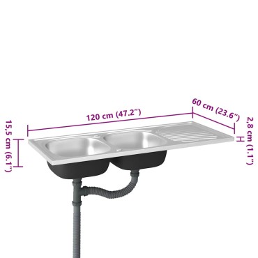 vidaXL Νεροχύτης Διπλή Γούρνα Ασημί 1200x600x155 χιλ. Ανοξείδ. Ατσάλι