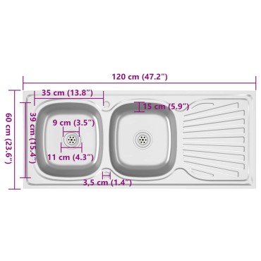 vidaXL Νεροχύτης Διπλή Γούρνα Ασημί 1200x600x155 χιλ. Ανοξείδ. Ατσάλι