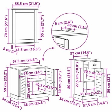 vidaXL Σετ Επίπλων Μπάνιου VIGO 3 τεμ. Μέλι Καφέ Στερεά ξυλεία πεύκου 37,5x34x80cm