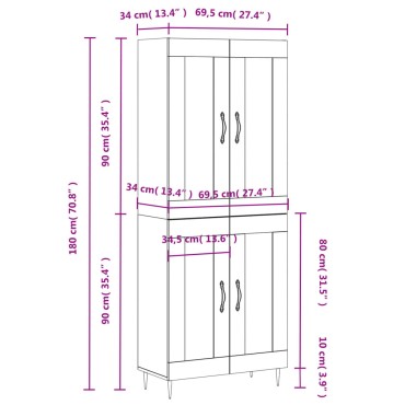 vidaXL Ντουλάπι Γκρι Sonoma 69,5x34x180cm Επεξεργασμένο Ξύλο 1 τεμ.