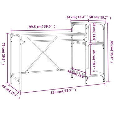 vidaXL Γραφείο με Ράφια Sonoma Δρυς 135x50x90cm Επεξ. Ξύλο/Σίδηρος 1 τεμ.