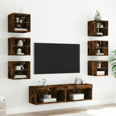 vidaXL Έπιπλα Τοίχου Τηλεόρασης 8 τεμ LED Καπνιστή Δρυς από Επεξ. Ξύλο