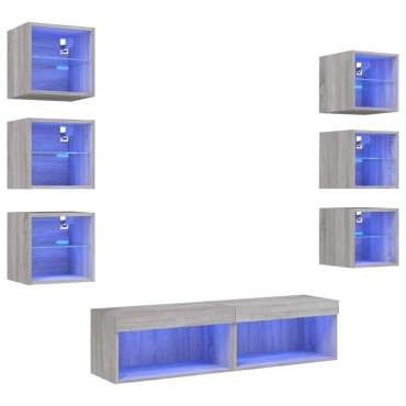 vidaXL Έπιπλα Τοίχου Τηλεόρασης 8 τεμ. LED Γκρι Sonoma από Επεξ. Ξύλο