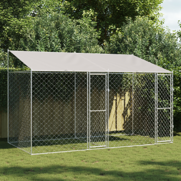 vidaXL Κλουβί Σκυλιού με Στέγη Ασημί 400 x 200 x 256 εκ Χάλυβας και PE