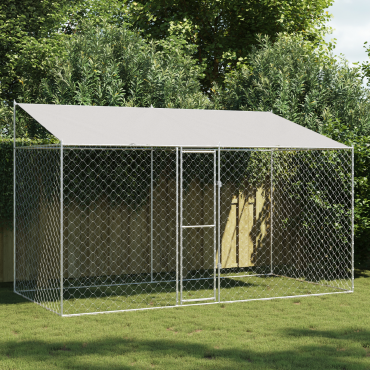 vidaXL Κλουβί Σκυλιού με Στέγη Ασημί 400 x 200 x 256 εκ Χάλυβας και PE