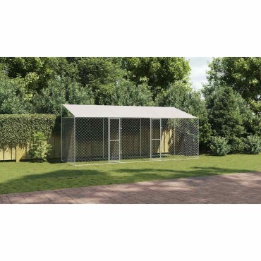 vidaXL Κλουβί Σκυλιού με Στέγη Ασημί 600 x 200 x 256 εκ.