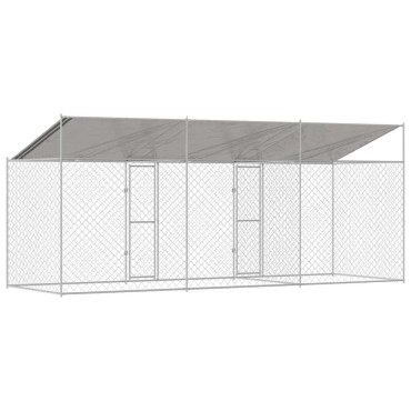 vidaXL Κλουβί Σκυλιού με Στέγη Ασημί 600 x 200 x 256 εκ.