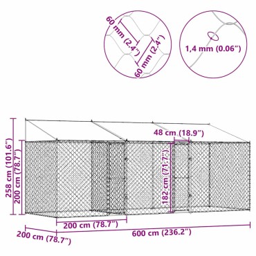 vidaXL Κλουβί Σκυλιού με Στέγη Ασημί 600 x 200 x 256 εκ.
