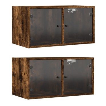 vidaXL Κομοδίνα 2 τεμ. Καπνιστή Δρυς 68,5x37x35cm με Γυάλινες Πόρτες
