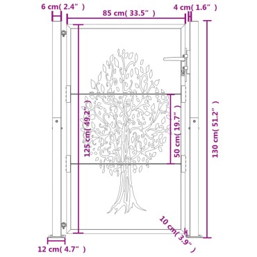 vidaXL Πόρτα Κήπου Ανθρακί 100x125 εκ. Σχέδιο Δέντρου από Ατσάλι