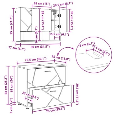 vidaXL Σετ Επίπλων Μπάνιου με συρτάρι με ράφι 2 τεμ. Καπνιστό Δρύς 76,5x35x64cm