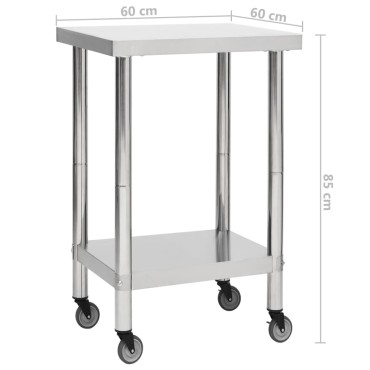 vidaXL Πάγκος Εργασίας Κουζίνας με Ροδάκια 60x60x85 εκ Ανοξείδ. Ατσάλι