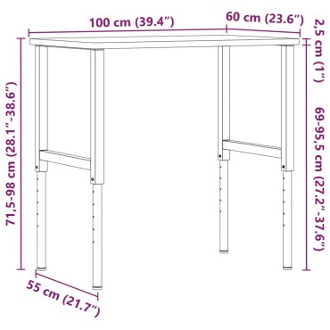 vidaXL Πάγκος Εργασίας Ορθογώνιος 100x60x(71,5-98) εκ Μασίφ Ξύλο Οξιάς