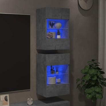 vidaXL Κρεμαστά ντουλάπια με φώτα LED για τηλεόραση 2 τεμ. Γκρι Σκυροδέματος 40x30x60,5cm