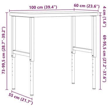 vidaXL Πάγκος Εργασίας Ορθογώνιος100x60x(73-99,5)εκ Μασίφ Ξύλο Ακακίας