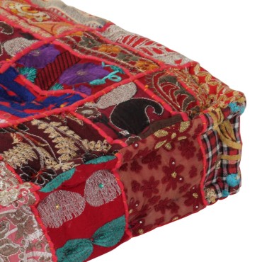 vidaXL Πουφ Patchwork Τετράγωνο Χειροπ. Κόκκινο 50x50x12cm Βαμβάκι 1 τεμ.