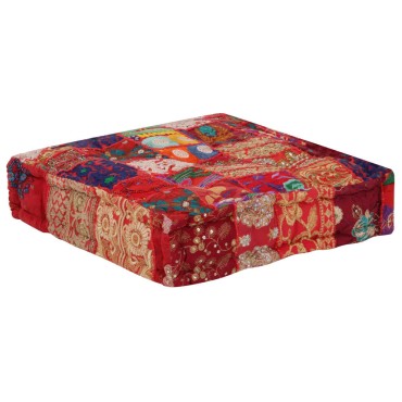 vidaXL Πουφ Patchwork Τετράγωνο Χειροπ. Κόκκινο 50x50x12cm Βαμβάκι 1 τεμ.