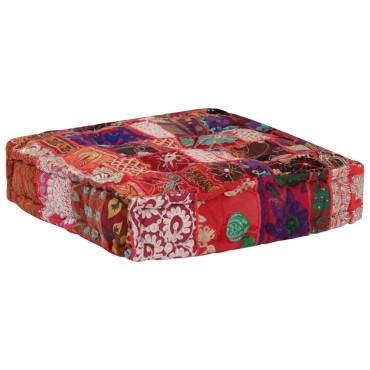 vidaXL Πουφ Patchwork Τετράγωνο Χειροπ. Κόκκινο 50x50x12cm Βαμβάκι 1 τεμ.