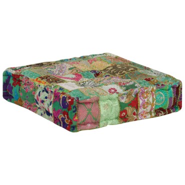 vidaXL Πουφ Patchwork Τετράγωνο Χειροπ. Πράσινο 50x50x12cm Βαμβάκι 1 τεμ.