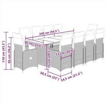 vidaXL Σετ Επίπλων Bistro Κήπου 11 τεμ. Μαύρο Συνθετ. Ρατάν με Μαξιλάρια 54,5x58,5x92cm