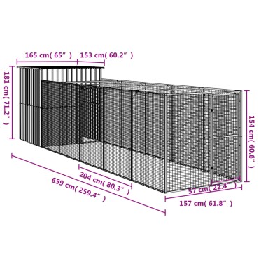 vidaXL Σπιτάκι Σκύλου με Αυλή Ανθρακί 165x659x181 εκ. Γαλβαν. Χάλυβας
